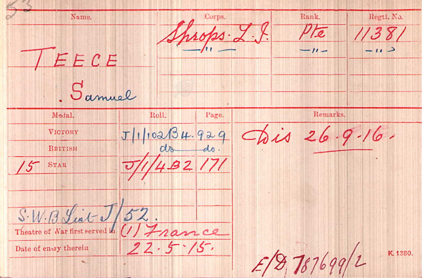 WWI Medal Rolls Index Card